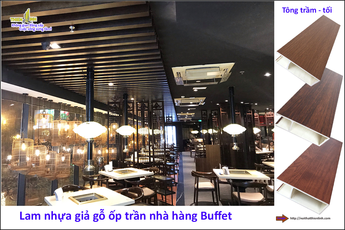 Lam nhựa giả gỗ ốp trần nhà hàng Buffe (3)