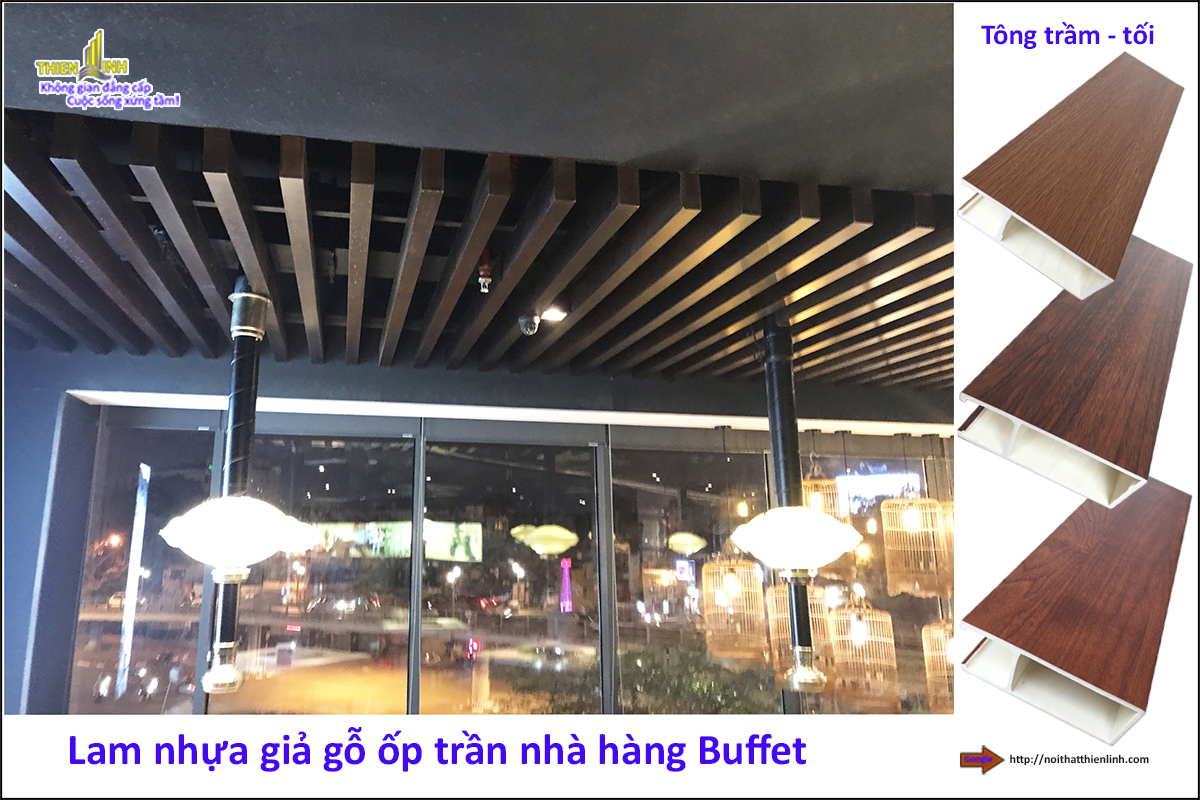 Lam nhựa giả gỗ ốp trần nhà hàng Buffe (4)